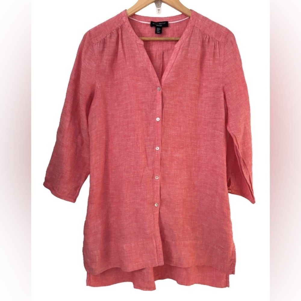 Willi Smith coral 100% linen 3/4 slv buttn dwn tunic SZM coastal grandma